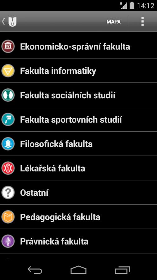 Konkurenční aplikace 4.1.1 Budovy MU Aplikace Budovy MU 11 (Obrázek 8) je první vyvinutou aplikací zobrazující přehled o budovách Masarykovy Univerzity (MU).