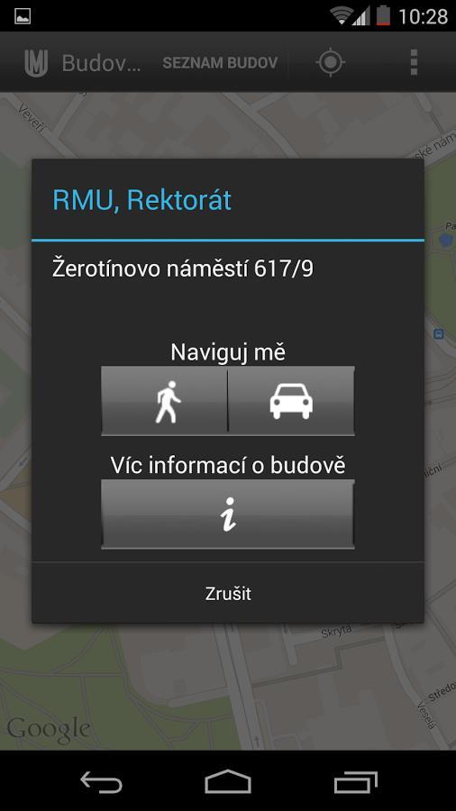 Aplikace nabízí tři základní obrazovky mapu, seznam budov a nastavení. Po spuštění aplikace se jako úvodní obrazovka zobrazí přímo mapa přiblížená na město Brno se zobrazenými bodovými ikonami budov.