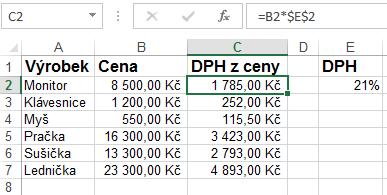 Obr. 67 Jak tedy postupovat 1. Aktivujte buňku C2. 2. Napište výraz =B2*E2, teď se na chvilku zastavte, odkaz na buňku E2 má být absolutní, aby se při kopírování k dalším výrobkům neměnil.