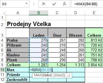 Obr. 73 Máme zjistit maximální hodnotu prodeje za měsíc leden jiný postup. 1. Klepněte na buňku, kde má být výsledek, tedy B10. 2. Klepněte na rozbalovací šipku vedle tlačítka Suma na kartě Domů. 3.