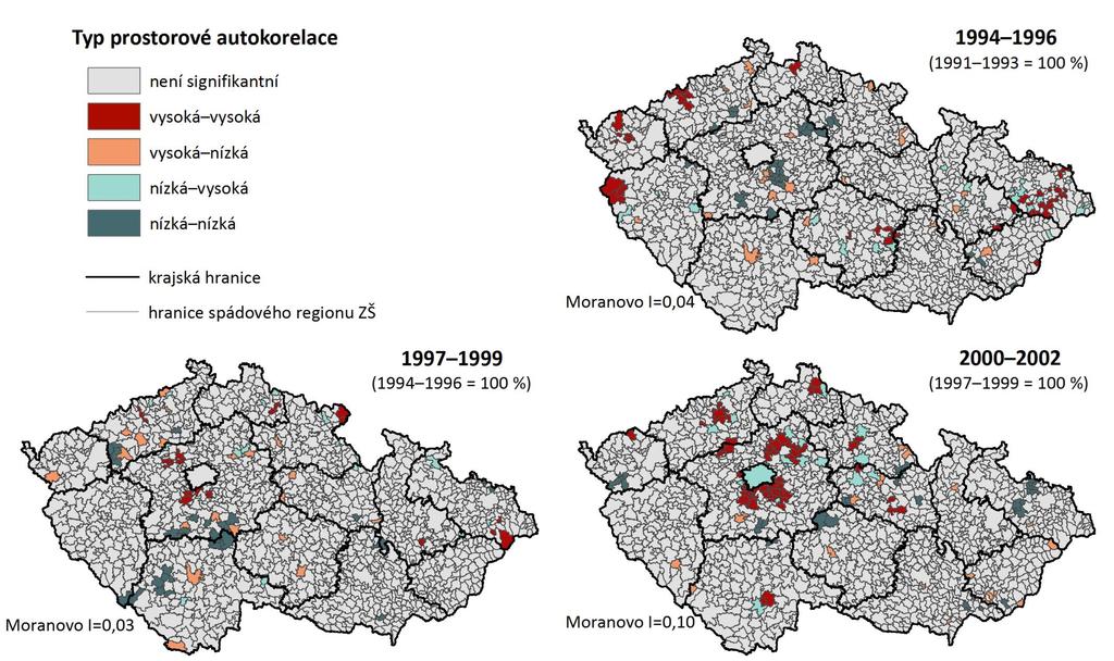 Obr. 16: Spádové regiony ZŠ podle výsledků analýzy LISA pro ukazatel index změny počtu osob ve věku povinné školní docházky (6 14 let) ve vybraných obdobích mezi roky 1991 2014 (1.