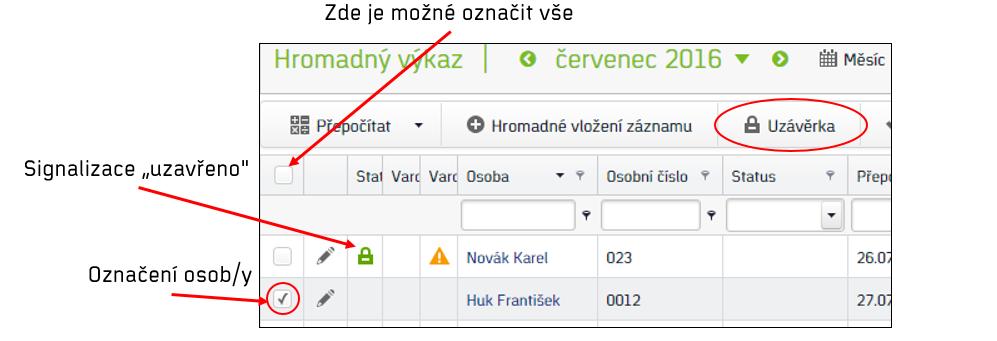 Uzávěrka Tato funkce slouží k uzavření (uzamčení) docházkových dat všem osobám najednou, ale i jedné osobě zvlášť. 1. Označte osoby/u, u kterých chcete docházková data uzavřít. Obr.