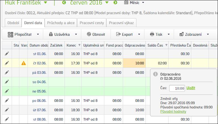 Alternativou k registraci průchodů je přepsání spočítané hodnoty u dané mzdové složky v záložce Denní data.