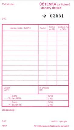 doklad Tipas označení NCR = samopropisující papír 128700 A6 / 100 listů / 4040 10,50 128750 A6 / 100 listů NCR / 4041 23,20 Účtenka za hotové Tipas označení NCR =