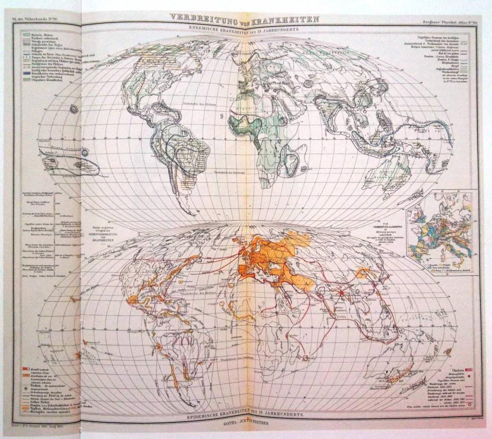 Obr. č. 8 Mapa rozšíření nemocí ve světě z Physikalischer Atlas od Heinricha Berghause z roku 1886 (Black, 2005). Dalším významným německým geografem a kartografem byl Adolf Stieler (1775 1836).