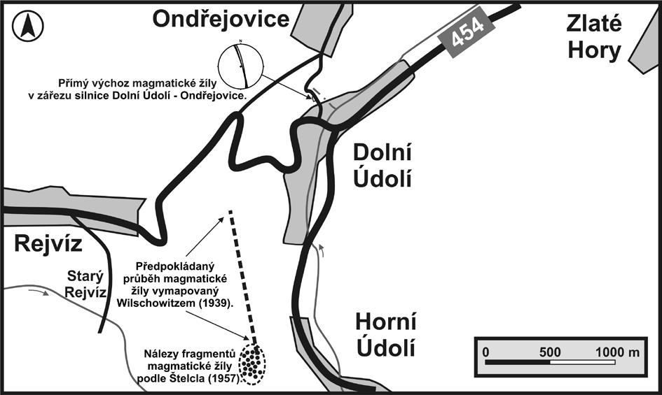 76 Postkolizní magmatická žíla od Dolního Údolí u Zlatých Hor (Hrubý Jeseník) Post-collisional magmatic dyke from Dolní Údolí near Zlaté Hory (Hrubý Jeseník Mts.