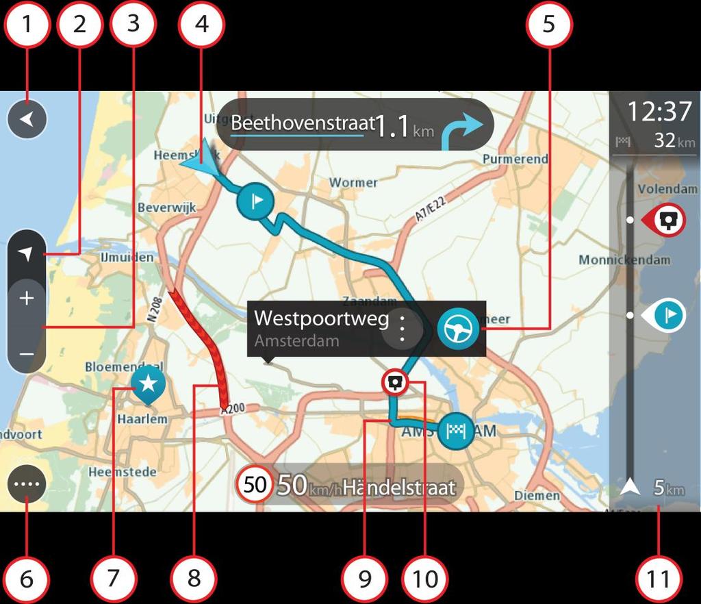 Co je na obrazovce Zobrazení mapy Zobrazení mapy je vidět, když nemáte žádnou naplánovanou trasu. Jakmile zařízení najde pozici GPS, zobrazí se vaše aktuální poloha.