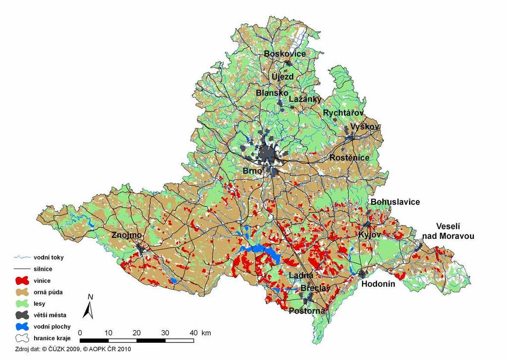 559 mm; Kuřim 576 mm; Brno 8,4 ºC; Brno-Bohunice 537 mm. Nejvyšší polohy mají průměrnou teplotu pod 7 ºC.