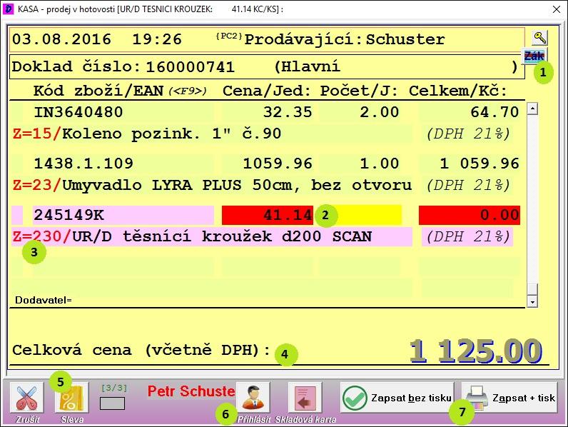 kdy zadání je vykonáno méně obtížnou formou (s lépe čitelnými údaji): 32 V horní části dokladu lze spatřit údaje o prodavači, číslo dokladu + datum a čas prodeje.