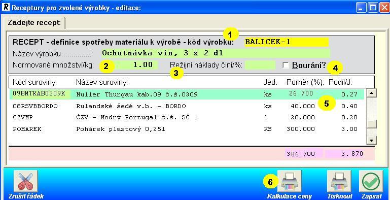 49 Práce s recepty Výrobky Program umožňuje definovat (prostřednictvím číselníku Recepty zvolených výrobků ) údaje pro sestavení libovolného výrobku.