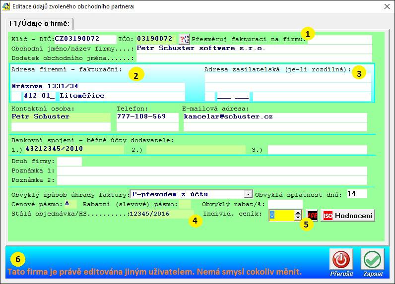 9 Karta obchodního partnera obsahuje řadu údajů: Kromě údajů, které jsou Vám jasné, se zmíním o možnosti přesměrování fakturace na jinou evidovanou firmu (1).