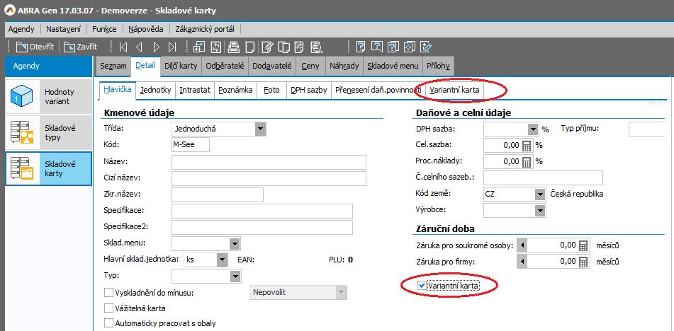 4.3 SKLADOVÉ KARTY NASTAVENÍ VARIANTNÍ KARTY Na detailu skladové karty doplněk přidává položku Variantní karty. Po jejím zatržení se zpřstupní subzáložka Variantní karty.