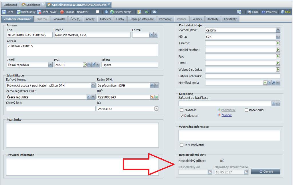 Kontrola spolehlivosti v evidenci společností Informace o tom, zda je společnost nespolehlivým plátcem, je k dispozici na první záložce
