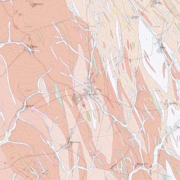 1 12 4 13 11 10 9 2 6 7 3 14 5 8 15 Obrázek 1: Geologická mapa České Bělé a okolí: 1 pararula, 2 pararula, 3 svor, 4 ortorula, 5 ortorula až migmatit, 6 pararula až migmatit, 7 amfibolit, 8 nivní