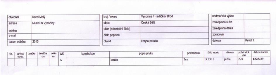 4.5 Dendrochronologická metoda datování jedlového kmenu Při terénním průzkumu lokality byla v srpnu 2015 panem Havlíčkem nalezena kláda (souřadnice: N49 39.965 E15 41.