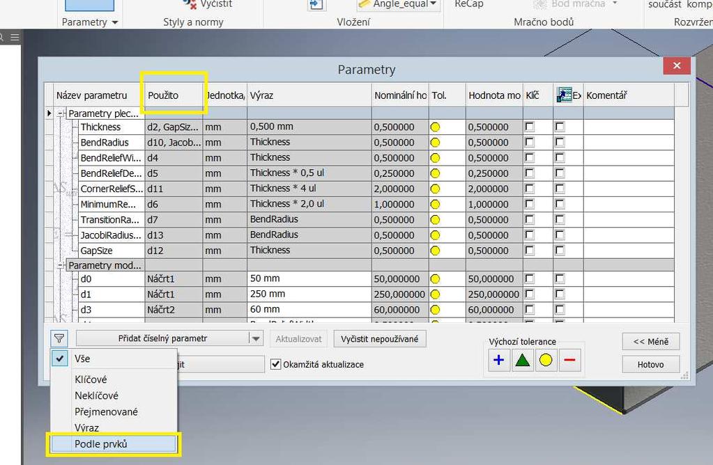 17. Parametry Dialog Parametr byl rozšířen o sloupec Použito a filtr Podle prvků. 18.