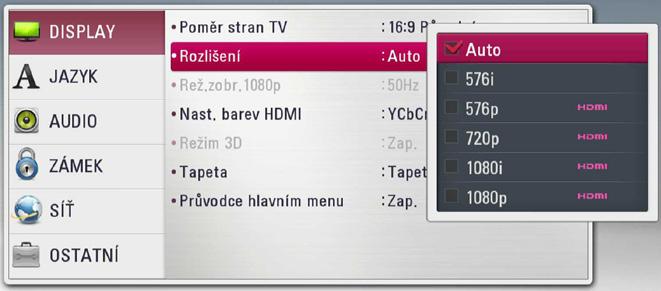 Můžete změnit rozlišení pomocí nabídky [Nastavení]. 1. Stiskněte HOME ( ). 2. Pomocí A/D zvolte [Nastavení], poté stiskněte ENTER (b). Zobrazí se nabídka Initial [Nastavení]. 3.