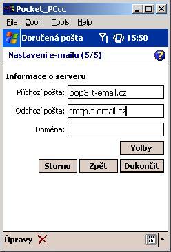 Zadejte server příchozí pošty (dle poskytovatele e-mailové schránky) a odchozí pošty (vždy smtp.t-email.cz) a stiskněte Volby. Zde vyberte připojení vytvořené v předchozích krocích INET GPRS TMCZ viz.