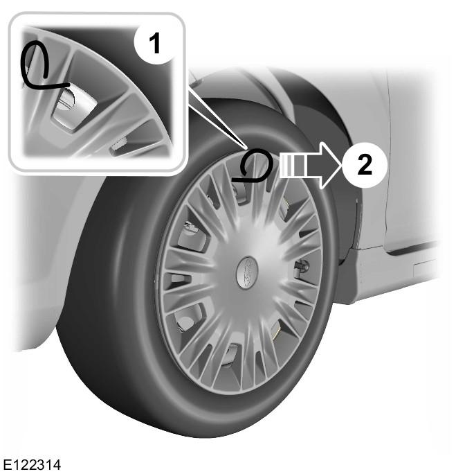 Kola a pneumatiky Odstranění krytu kola Typ jedna Vložte plochý konec klíče na matice kola mezi ráfek a kryt kola a opatrně kryt odstraňte. Typ dvě 1. Vložte odstraňovač krytů kol. 2.