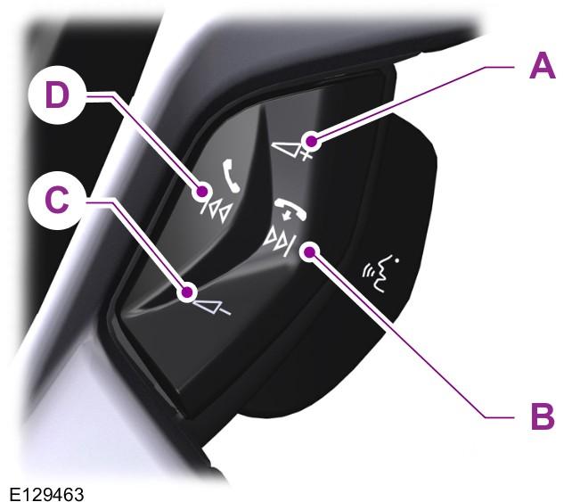 Volant Typ 2 HLASOVÉ OVLÁDÁNÍ A B C D Zvýšení hlasitosti Vyhledávání směrem nahoru nebo další Snížení hlasitosti Vyhledávání směrem dolů nebo předchozí Hlasové ovládání zapněte nebo vypněte zatažením