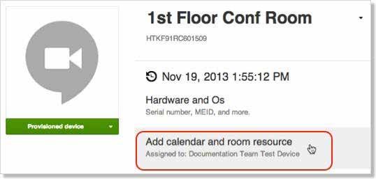 3. Zobrazí se obrazovka správy zařízení Chromebox for meetings. Klepněte na tlačítko Add calendar and room resource (Přidat kalendář a místnost). 4.