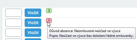 Následně třídní učitel nejprve klepnutím myší aktivuje vhodný příznak finálního posouzení nepřítomnosti (např. Omluveno). 3.