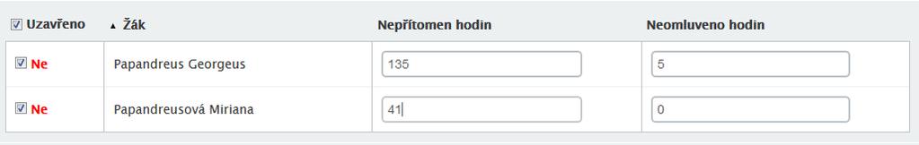 Editujte hodnoty celkové nepřítomnosti žáka ve výuce (pole Nepřítomen hodin) a hodin, které jsou vám známy jako neomluvená absence (pole Neomluveno hodin). 4.