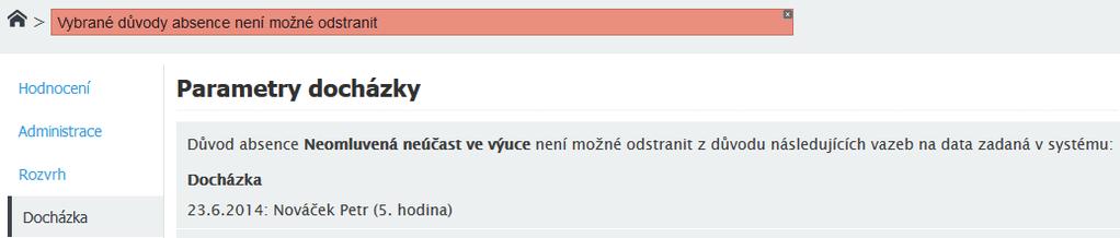 Docházka propojena s Rozvrhem a Třídní knihou umožňuje sledování absence žáka až na úrovni jednotlivých hodin Rozvrhu (a vlastně i předmětů) a umožňuje také křížový pohled mezi Třídní knihou a