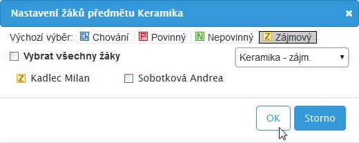 V konfiguračním panelu vyberte příznak zájmový a např. pomocí rozevírací nabídky Vybrat žáky skupiny nalistujte příslušnou skupinu a vyberte ji ze seznamu myší.