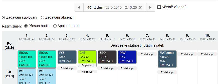 Pokud má být zachován elementrární pořádek ve vykazování absence na ten který předmět, je nutné zadat absenci žáka znovu na správný předmět vyplývající z nasazeného suplování. 1.