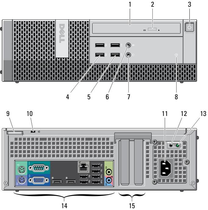 Small Form Factor pohled zepředu a zezadu Obrázek 4. Pohled zepředu a zezadu Small Form Factor 1. optická jednotka 2. tlačítko vysunutí optické jednotky 3. tlačítko napájení, indikátor napájení 4.