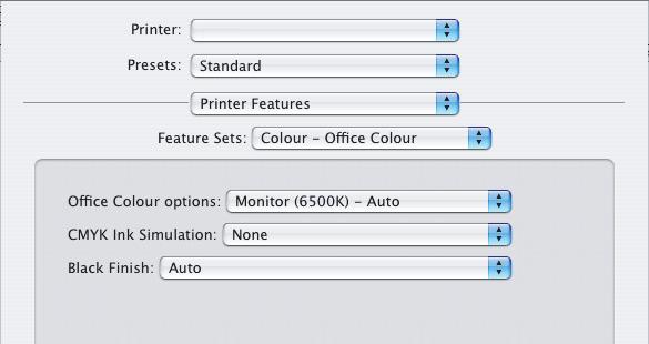 MAC OS X (OFFICE COLOUR BARVA OFFICE) 1. Z nabídky [File] (Soubor) vyberte příkaz [Print] (Tisk). 1 2 3 4 2. Z nabídky [Printer] (Tiskárna) (1) vyberte tiskárnu. 3. V další nabídce (2) vyberte [Printer Features] (Funkce tiskárny).