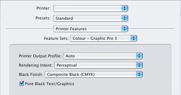 MAC OS X (GRAPHIC PRO PROFESIONÁLNÍ GRAFIKA) 1. Z nabídky [File] (Soubor) vyberte příkaz [Print] (Tisk). 1 2 3 4 2. Z nabídky [Printer] (Tiskárna) (1) vyberte tiskárnu. 3. V další nabídce (2) vyberte [Printer Features] (Funkce tiskárny).