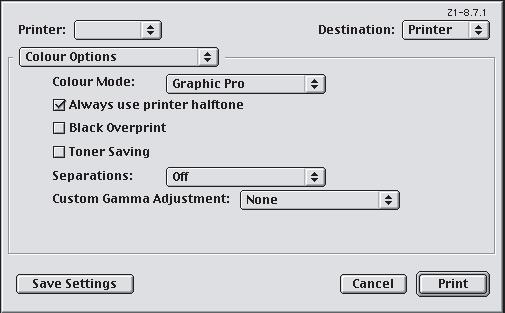 MAC OS 9 1. Zvolte příkaz [File] (Soubor) [Print] (Tisk). 2. Z nabídky [Printer] (Tiskárna) (1) vyberte model tiskárny. 3. Vyberte [Colour Options] (Možnosti barev) (2). 4.