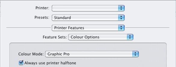 MAC OS X 1. Zvolte příkaz [File] (Soubor) [Print] (Tisk). 1 2 3 4 2. Z nabídky [Printer] (Tiskárna) (1) vyberte model tiskárny. 3. Vyberte možnost [Printer Features] (Funkce tiskárny) (2). 4. Z nabídky [Feature Sets] (Sady funkcí) (3) vyberte příkaz [Colour Options] (Možnosti barev).