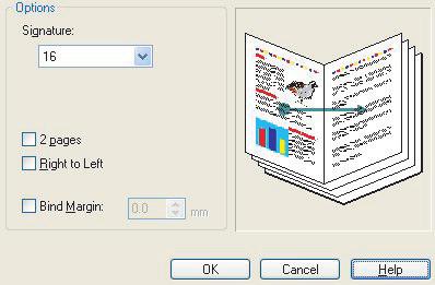 V okně Options (Možnosti) můžete nastavit velikost [signature] (Signatura) (viz strana 68, počet [pages] (Stránky) na jednu stranu papíru a [binding margin] (Okraj na vazbu), pokud bude