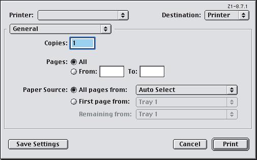 MAC OS9.X 1. Zvolte příkaz [File] (Soubor) [Print] (Tisk). 1 2 3 2. Z nabídky [Printer] (Tiskárna) (1) vyberte model tiskárny. 3. Vyberte možnost [General] (Obecné) (2).