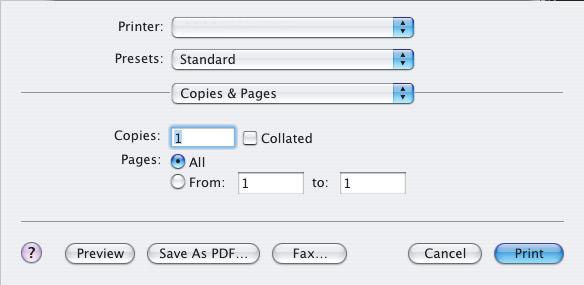 MAC OS X 1. Zvolte příkaz [File] (Soubor) [Print] (Tisk). 1 2 3 2. Z nabídky [Printer] (Tiskárna) (1) vyberte model tiskárny. 3. Vyberte [Copies & Pages] (Kopie a stránky) (2).