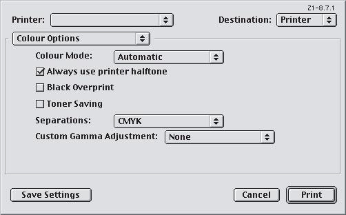 MAC OS9 1. Zvolte příkaz [File] (Soubor) [Print] (Tisk). 1 2 3 2. Z nabídky [Printer] (Tiskárna) (1) vyberte model tiskárny. 3. Vyberte [Colour Options] (Možnosti barev)(2).