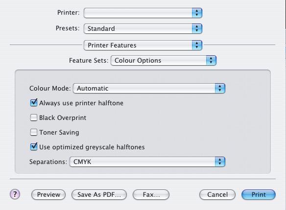 MAC OS X 1. Zvolte příkaz [File] (Soubor) [Print] (Tisk). 1 2 3 4 2. Z nabídky [Printer] (Tiskárna) (1) vyberte model tiskárny. 3. Vyberte možnost [Printer Features] (Funkce tiskárny) (2). 4. Z nabídky [Feature Sets] (Sady funkcí) (3) vyberte příkaz [Colour Options] (Možnosti barev).