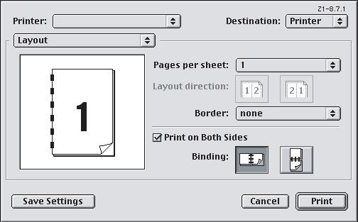 MAC OS 9 1. V aplikaci zvolte příkaz [File] (Soubor) [Print] (Tisk). 1 2 3 4 2. Z nabídky [Printer] (Tiskárna) (1) vyberte model tiskárny. 3. Vyberte možnost [Layout] (Rozložení)(2). 4. Zaškrtněte políčko [Print on Both Sides] (Tisk na obě strany) (3).