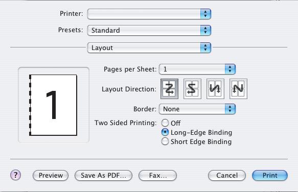 MAC OS X 1. V aplikaci zvolte příkaz [File] (Soubor) [Print] (Tisk). 1 2 3 2. Z nabídky [Printer] (Tiskárna) (1) vyberte model tiskárny. 3. Vyberte možnost [Layout] (Rozložení) (2). 4.