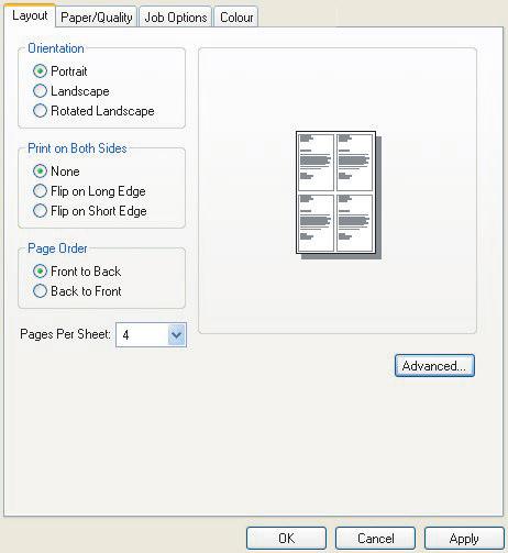 TISK VÍCE STRÁNEK NA JEDEN LIST (N-UP) Tato funkce změní měřítko velikosti stránek v tištěném dokumentu a umístí několik stránek na list.
