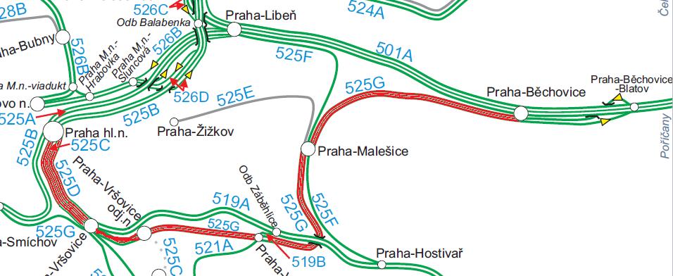 České Budějovice Rakousko), R17 (Praha České Budějovice) a s linkou regionální dopravy S9 (Praha Benešov u Prahy). (12) a (13) Obr. 2 Trasa Praha-Běchovice Praha-Malešice Praha hl. n.