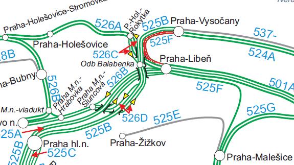 4 Praha-Libeň Praha-Vysočany V případě MU v úseku Praha-Libeň Praha hl. n. je možné odklonit vlaky dálkové dopravy do ŽST Praha-Vysočany.