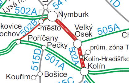 kapacita úseku vzhledem k jednokolejné části Poříčany Nymburk hl. n. nedostatečná. Dochází zde k vzájemnému narušení vlaků dálkové dopravy a k významnému narušení vlaků regionální dopravy. Obr.
