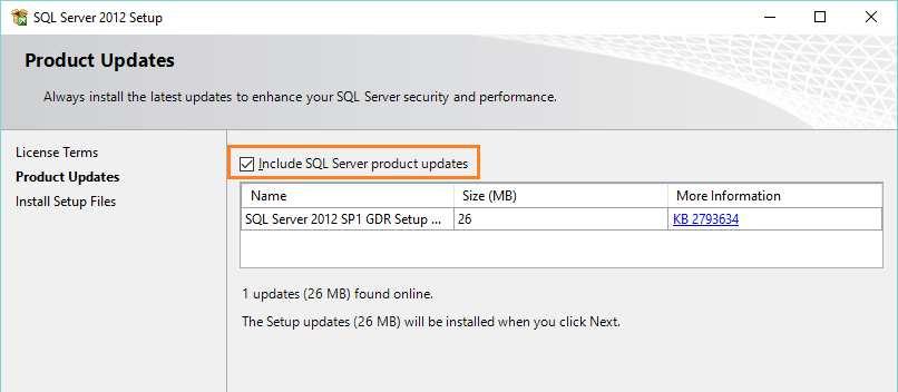 přepínač Include SQL Server product updates