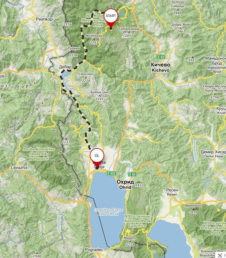 Trasa 2 (30.4.2018) Trasa: Mavrovo - Struga Ohrid (cca 80 km na kole) část trasy busem, pravidelné zastávky po trase.