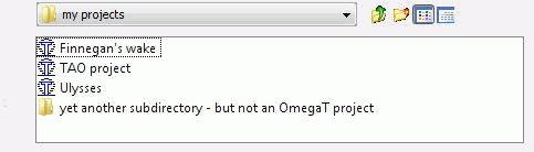 OmegaT Files and Folders Figure 8.2. Projekty a podadresáře aplikace OmegaT Dvojím kliknutím na položku s ikonou OmegaT otevřete projekt.