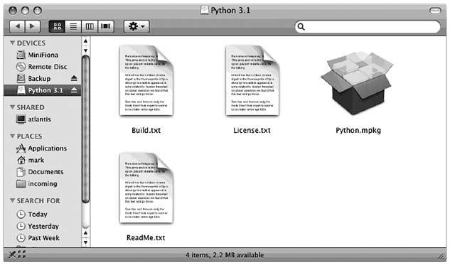 0.4. Instalace pod Mac OS X Poklepejte na Python.mpkg a instalátor Mac Python se spustí.